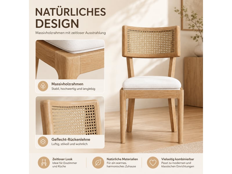  Lot de 2 chaises de salle à manger en bois massif avec dossier en rotin respirant  - Conforama B