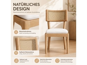 Lot de 2 chaises de salle à manger en bois massif avec dossier en rotin respirant