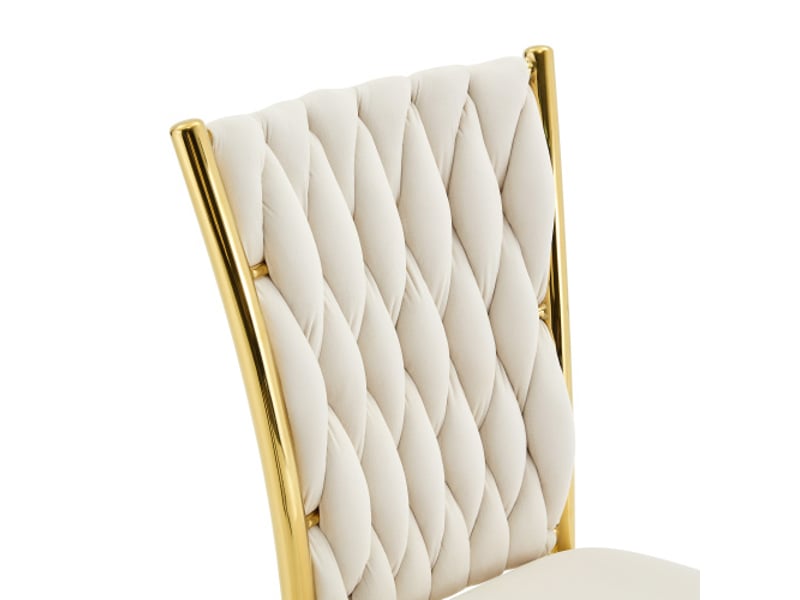  Chaise de salle à manger capitonnée luxueuse en velours beige, motif tissé, pieds dorés, style moderne pour cuisine  - Conforama D