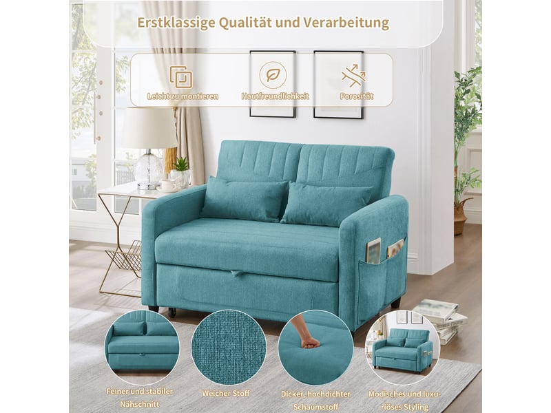  Canapé convertible 2 places, canapé-lit design extensible avec dossier réglable 3 positions, tissu lin et coton respirant, bleu vert antique  - Conforama D