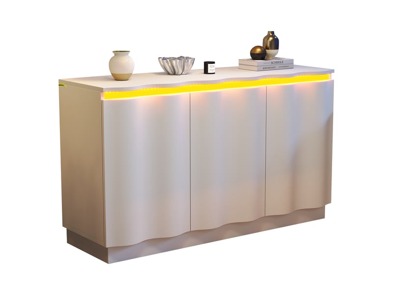 Buffet 120x35x69,5 cm avec led rgb bluetooth et commande par application, meuble de rangement à façade ondulée, 3 portes et étagères réglables, blanc Seren Glow - Conforama A