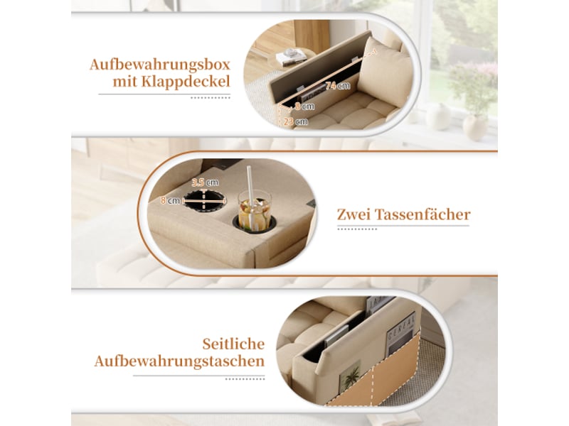  Canapé-lit 2 places beige convertible avec rangement, dossier réglable, accoudoirs avec rangements et coussins  - Conforama E