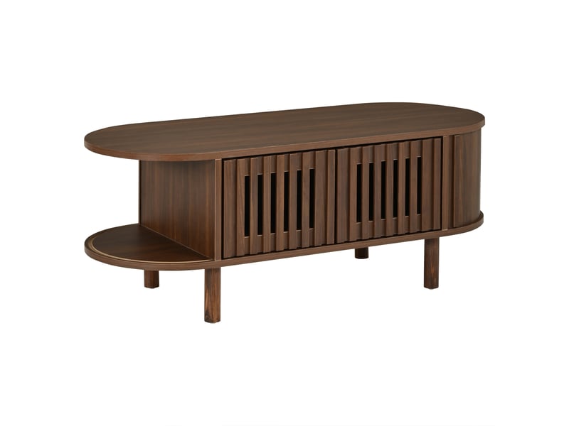  Table basse ovale 100x40x38 cm finition noyer, portes à lamelles, porte coulissante et pieds en bois massif Fay Lum - Conforama D