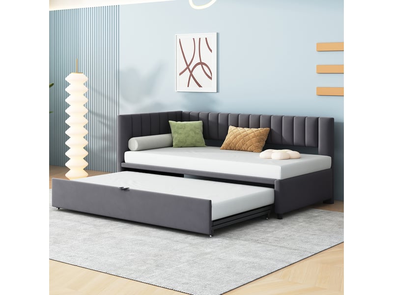  Canapé-lit en tissu velours gris 90x200 cm  - Conforama D