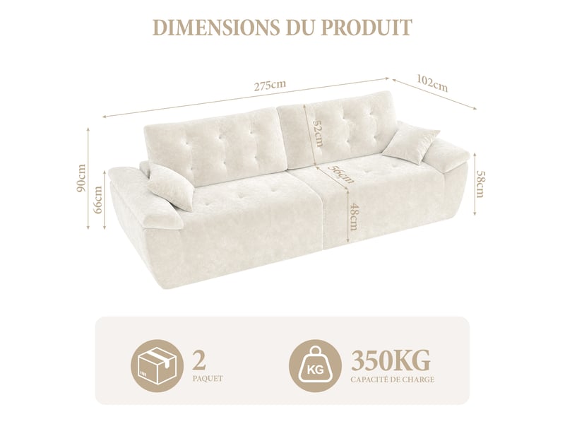  Canapé compressé modulable style nuage scandinave 275cm beige en chenille,mousse compressée haute densité,canapé doux pour salon 275x102x66CM - Conforama E