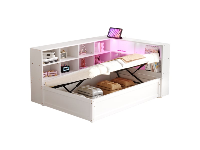  Lit banquette simple 90x200 cm en bois, avec coffre, rangements, prise et led, matelas non précisé, blanc  - Conforama A