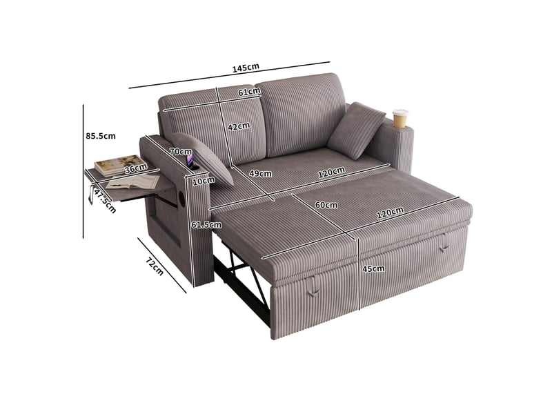  Canapé convertible 2 places 145 x 72 x 85,5 cm gris en velours côtelé, dossier réglable et chargeur usb  - Conforama C