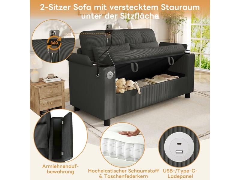  Canapé 2 places velours côtelé gris avec rangement et ports usb  - Conforama C