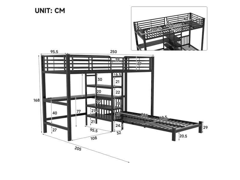 Lit superposé enfant 2 places 90×200 cm lit mezzanine lit adolescent lit simple en fer avec bureau ports usb étagères, noir - Conforama W