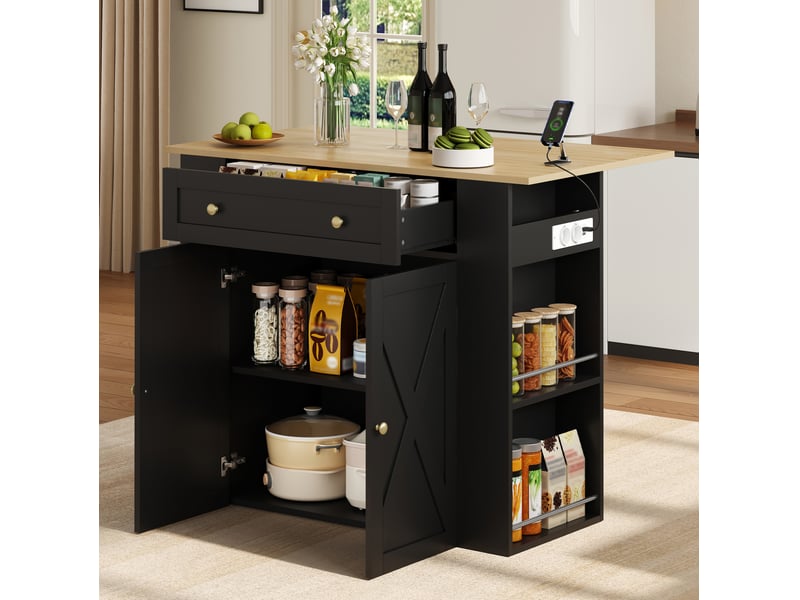  Îlot de cuisine 120x75x97 cm noir avec plateau rabattable et prises  - Conforama B