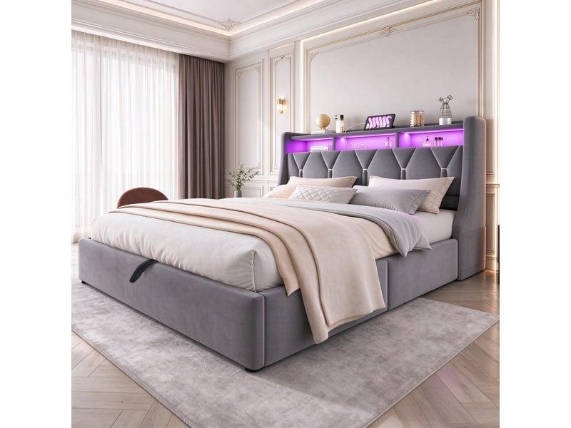  Lit coffre 140x200 cm en velours, tête de lit rabattable avec rangements, LED pilotable par application, prises USB, pieds larges - Gris  - Conforama B