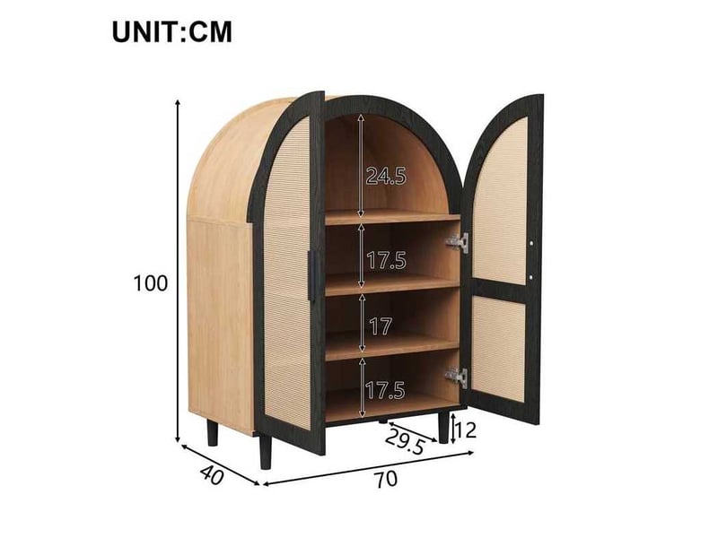  Meuble à chaussures 70x40x100 cm avec portes en rotin ajouré, rangement modulable, naturel et noir  - Conforama C