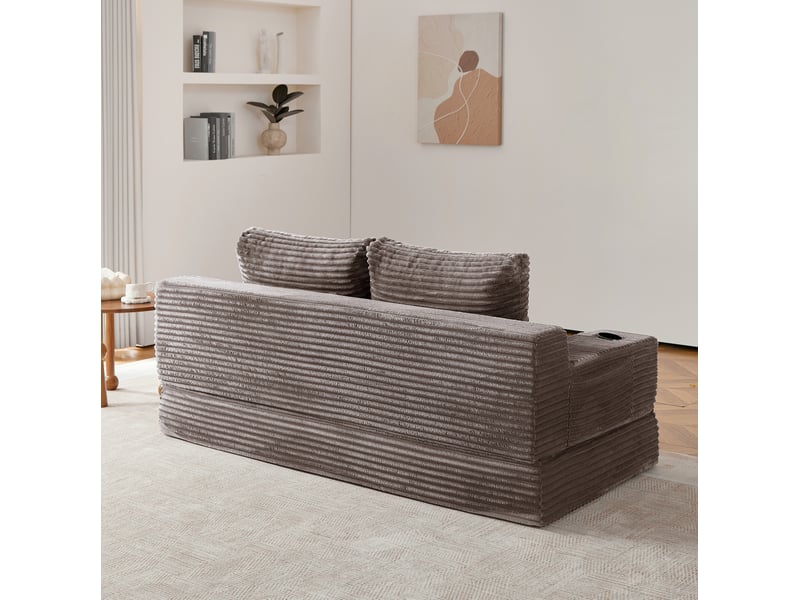  Canapé droit convertible 2 places en velours côtelé marron, avec porte-gobelets et poches de rangement latérales  - Conforama D