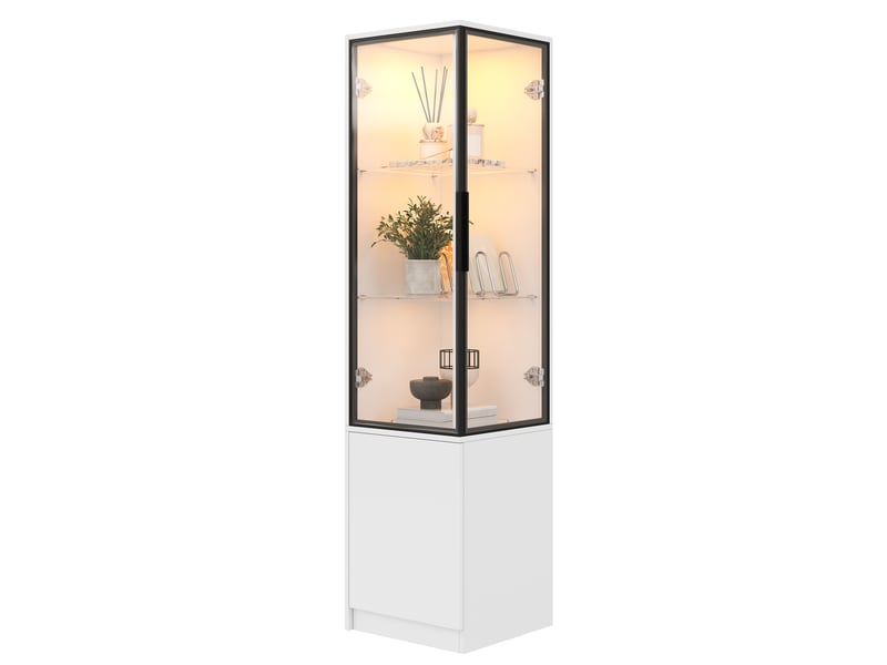  Vitrine d'angle 40 x 40 x 160 cm, armoire vitrée avec led pilotée par appli, portes en verre trempé , panneaux de particules, blanc ABC - Conforama A