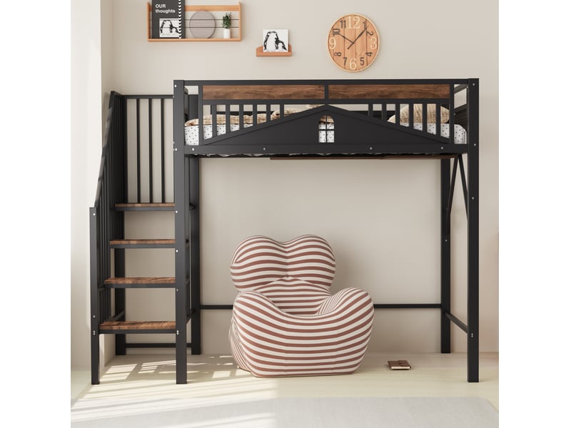  Lit mezzanine métal 90 x 200 cm avec échelle sécurisée et rangement, noir  - Conforama D