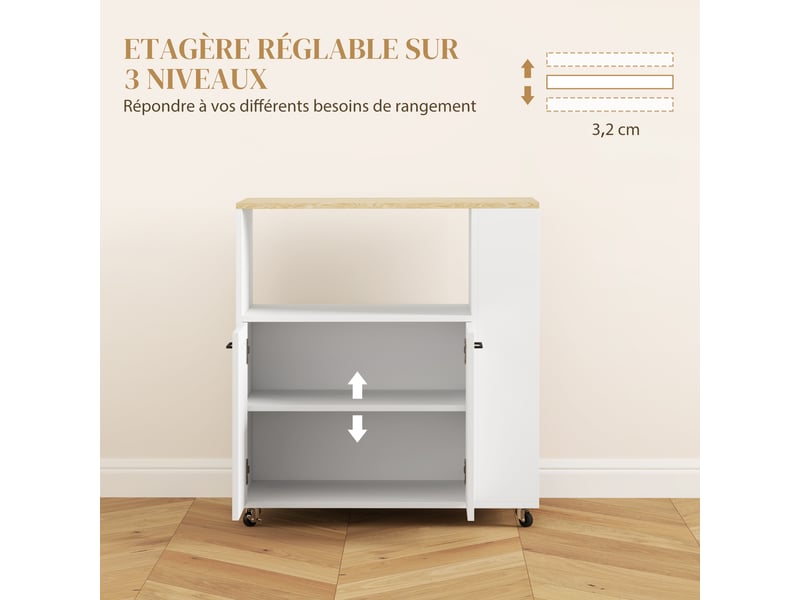  Desserte de cuisine à roulettes, îlot central cuisine avec plan de travail et étagère réglable, 75x40x80,5cm, blanc  - Conforama R
