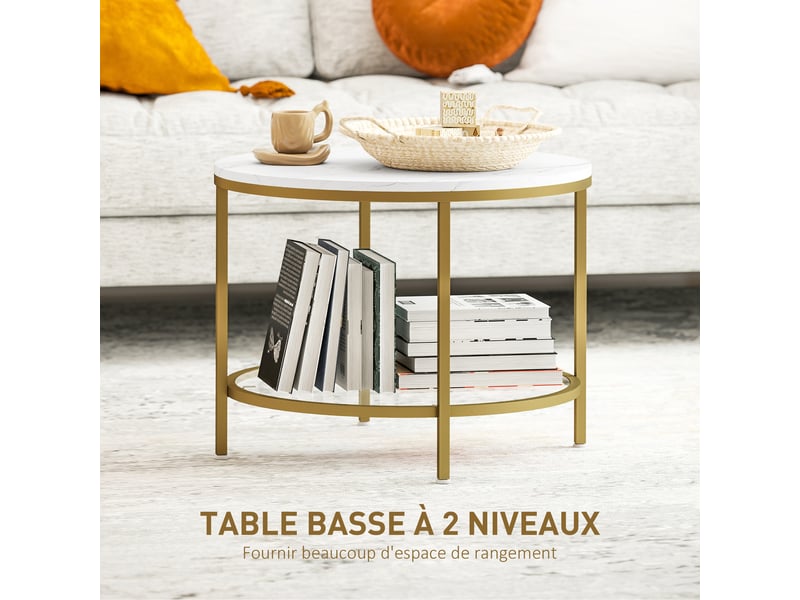 Table basse ronde dia. 60 cm avec étagère verre trempé métal doré plateau effet marbre blanc  - Conforama F
