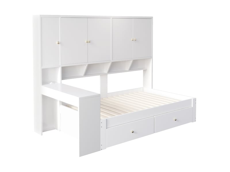  Lit enfant 90x200 cm avec bureau, rangements, 2 tiroirs, led et prises, coloris blanc, sans matelas  - Conforama R