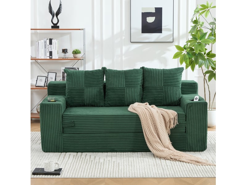 Canapé modulaire 3 places sans cadre avec porte-gobelets et poches latérales, en velours côtelé vert émeraude - Conforama D