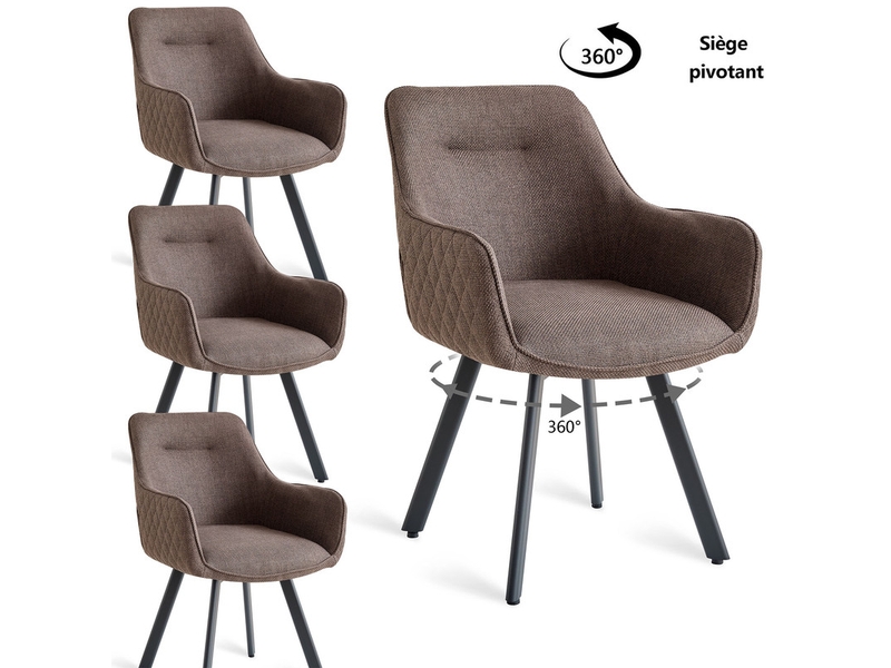  Lot de 4 chaises pivotante à 360°, chaise salle à manger moderne, chaises à haut dossier en motif en losanges, cuisine en lin, marron foncé  - Conforama A