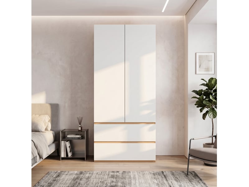  Armoire 2 portes modenvie avec penderie, 2 tiroirs et rangement haut 90 x 50 x 200 cm blanc décor chêne  - Conforama E