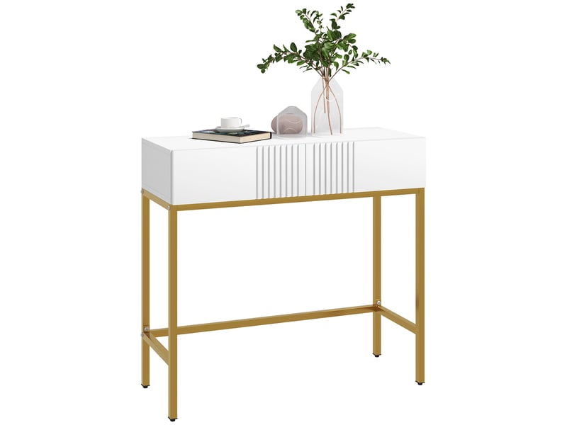  Console d'entrée moderne avec 2 tiroirs et pieds dorés, 80 x 31,5 x 75 cm, blanche  - Conforama A