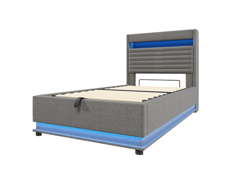  Lit rembourré gris 90x200 cm en lin, rangement hydraulique, led, usb-c  - Conforama E