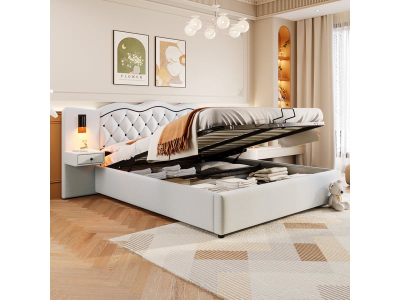  Lit coffre 180x200cm, lit adulte, tête de lit avec chevet, 2 éclairage latéral, prise usb, lin, beige, sans matelas  - Conforama W