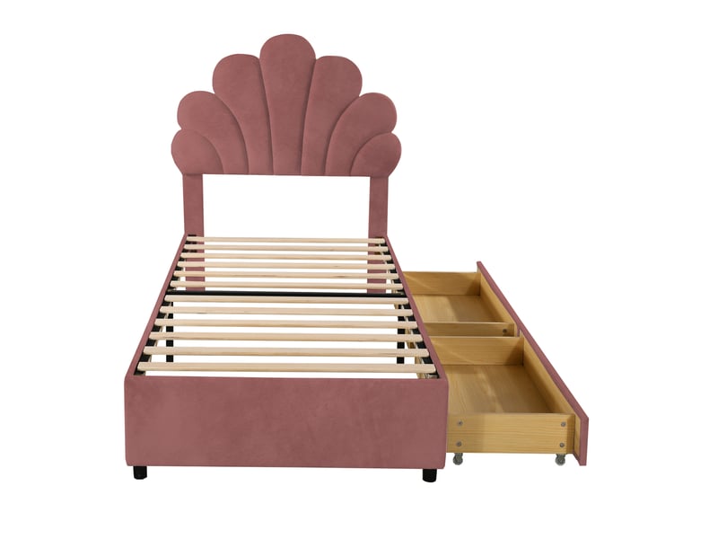  Lit enfant capitonné 90 x 200 cm, cadre de lit avec tête de lit fleurie et sommier à lattes, avec 2 compartiments de rangement, lit fillelit d'appoint en velours doux pour la peau, rose  - Conforama E