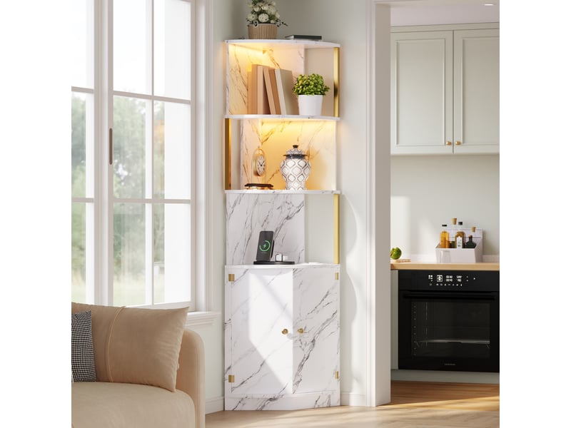 Meuble d'angle avec led et prises, buffet haut 2 portes en mdf blanc, armoire de rangement pour cuisine et salon, 38x38x180 cm - Conforama D