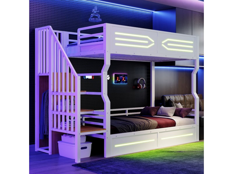  Lit mezzanine métal 90 x 200 cm blanc led escalier rangement avec petit placard garde-corps haut cadre métal chambre ado  - Conforama C