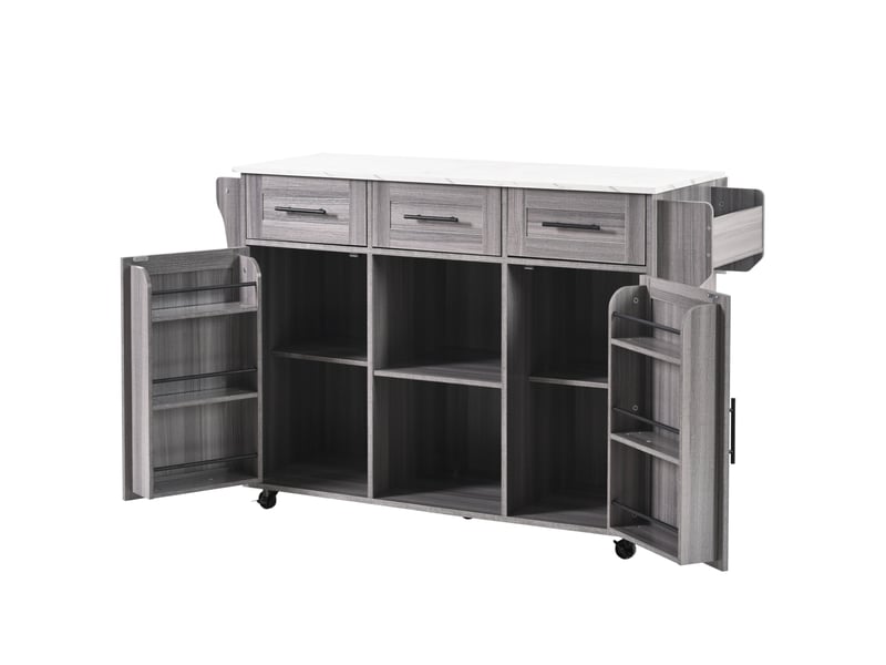  Desserte de cuisine 139 x 46 x 91,5 cm grise en panneaux, plateau rabattable, tiroirs et portes sur roulettes  - Conforama D