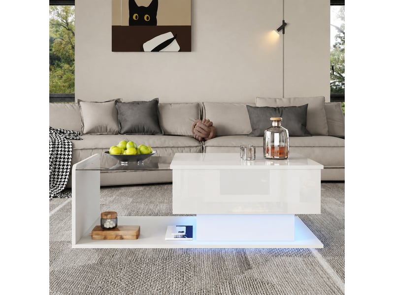 Table basse blanche brillante relevable avec plateau en verre trempé, led et rangement, 100 x 50 cm  - Conforama B