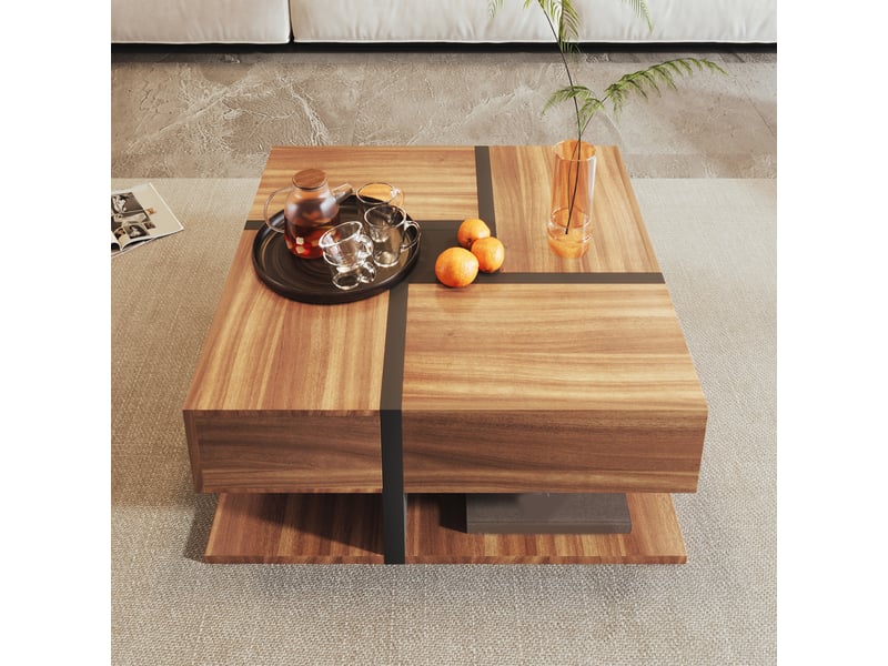  Table basse 78x78x36 cm avec 4 tiroirs et étagère basse, plateau carré à lignes contrastées, panneaux de particules, bois et noir ABC - Conforama D
