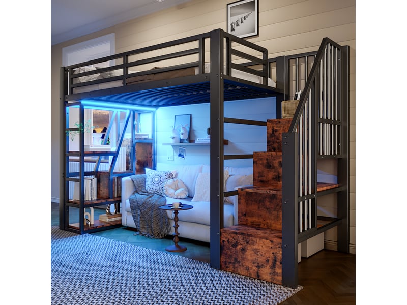  Lit mezzanine enfant 90x200 cm avec rangements, led, échelle et garde-corps noir  - Conforama E