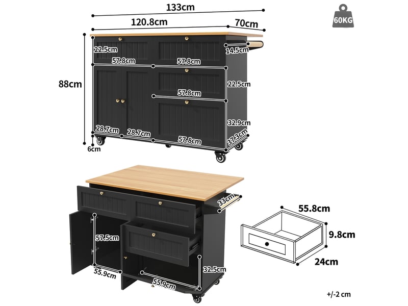  Desserte de cuisine noire en mdf avec plateau rabattable, roulettes et rangement  - Conforama C