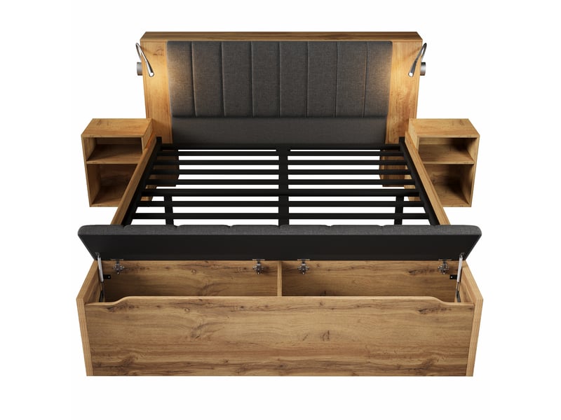  Lit 180 × 200 cm avec tête rabattable, chevets, liseuses usb et banc coffre, chêne IKSETERA TRADING LTD - Conforama R