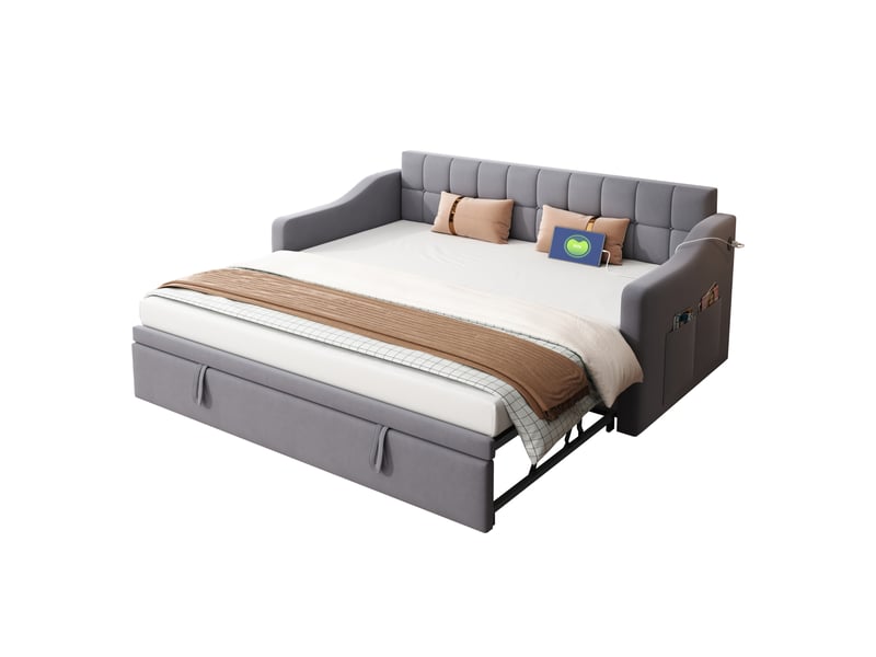  Canapé-lit convertible 90/180x190 cm, velours gris, ports usb, sans matelas  - Conforama A