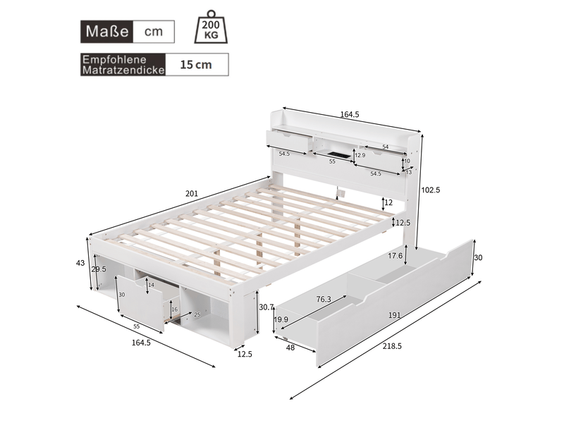  Lit 2 places 160x200 cm – blanc – usb, usb-c, prises, rangements à tiroirs intégrés - sans matelas  - Conforama C
