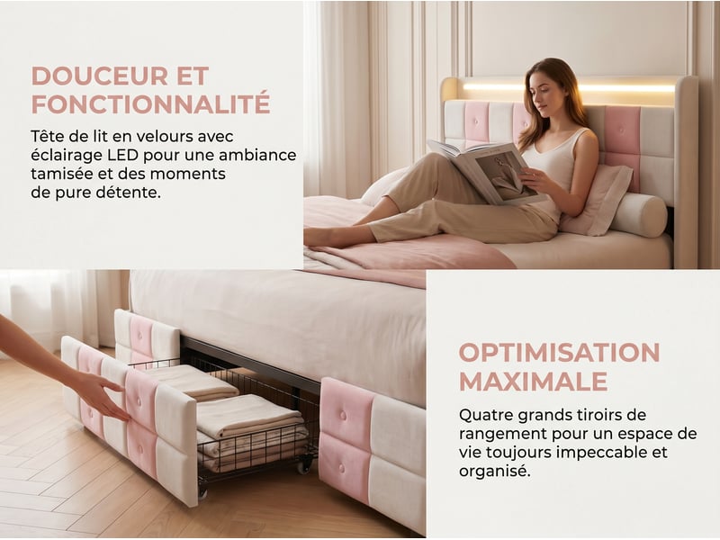  Lit 2 places 140 x 190 cm - avec tiroirs de rangement - éclairage led intégré - port usb - velours  - Conforama E