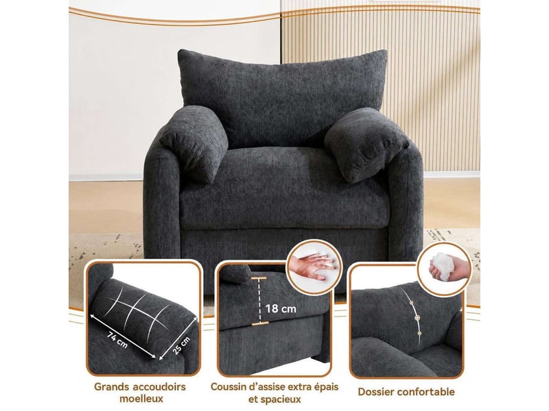  Fauteuil surdimensionné en tissu chenille avec coussin d'assise épais de 18 cm et accoudoirs moelleux, cadre bois et métal, 150 kg  - Conforama D