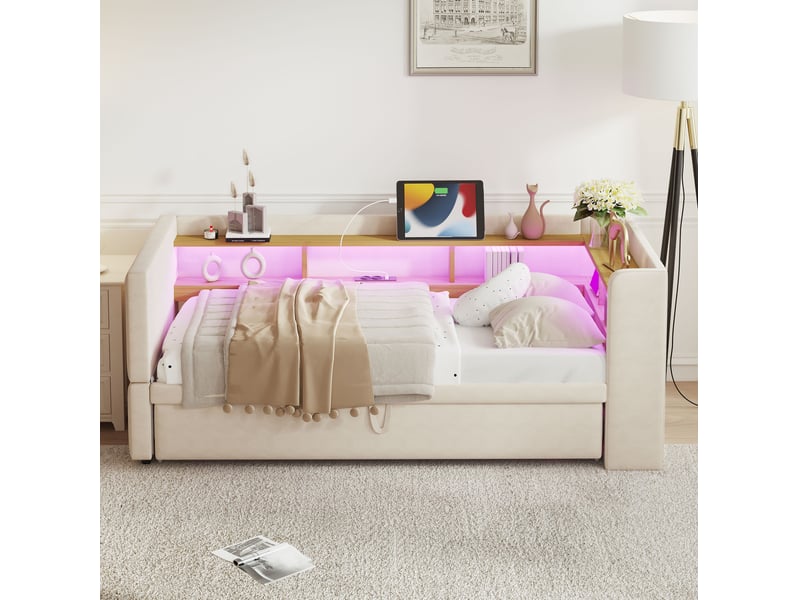 Lit banquette 90180x190 cm – beige – extensible, led, prises intégrées et rangements ouverts – sans matelas - Conforama B