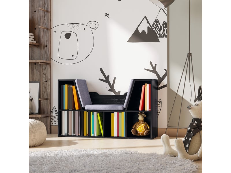  Bibliothèque banc 2 en 1 avec coussin, 6 compartiments ouverts, noir, 102×30×61 cm  - Conforama D