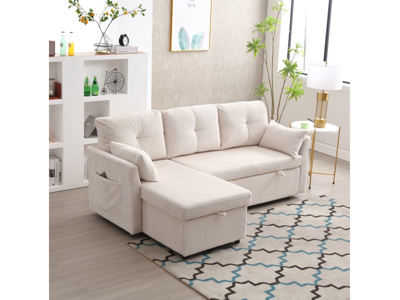  Canapé d’angle convertible modenvie modulable 3 places avec rangement, méridienne interchangeable, velours côtelé beige, 206 x 108 x 66 à 88 cm  - Conforama E