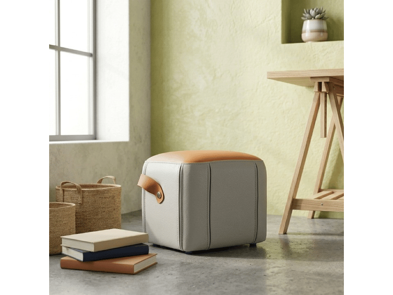  Pouf repose-pieds rembourré en similicuir avec poignée, gris et orange 31.5x24x29cm - Conforama C