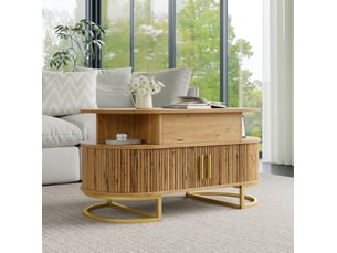 Table basse ovale relevable en mdf, rangement dissimulé et portes coulissantes, idéale pour le salon
