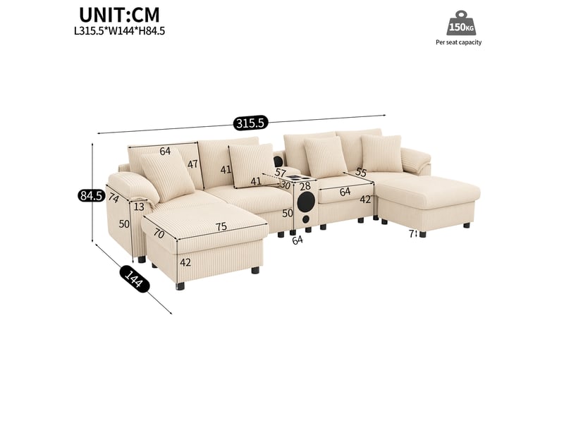  Canapé droit 315,5x144x84,5cm 4 places, 2 poufs, console bluetooth, rangement, canapé de salon, velours côtelé, beige  - Conforama C
