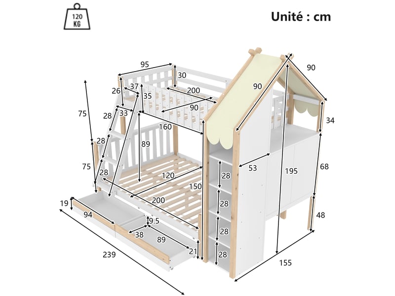 Lit superposé 90x200 cm - lit superposé enfant avec rangements et barrières sécurisées - bois naturel - sans matelas - blanc+naturel  - Conforama C