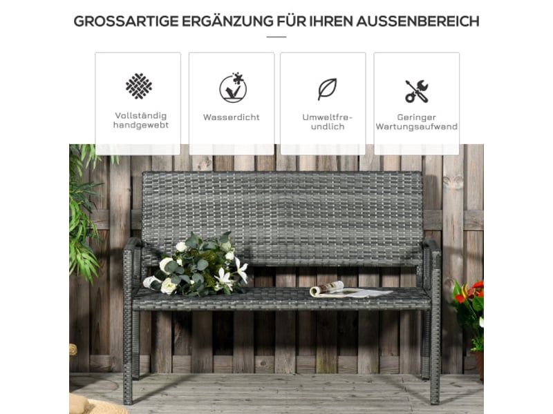  Banc de jardin 2 places gris, effet rotin, cadre acier, charge 320 kg, mobilier extérieur  - Conforama D