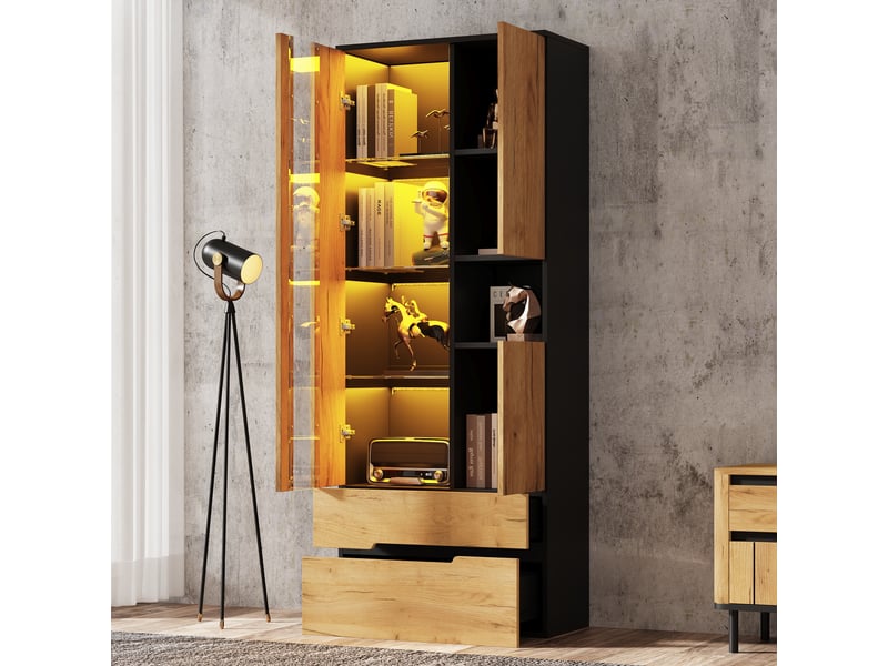  Vitrine haute 70x35x180 cm avec led bluetooth, 3 portes, 2 tiroirs et rangement ouvert, meuble de rangement salon en mdf - bois et noir  - Conforama B